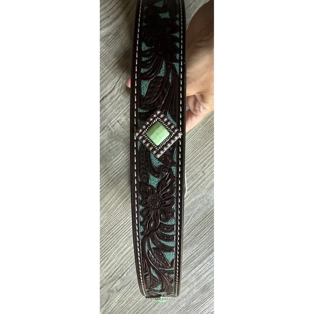 Ariat Girls Size 26 Western Leather Belt Turquoise Floral Tooled Concho Buckle